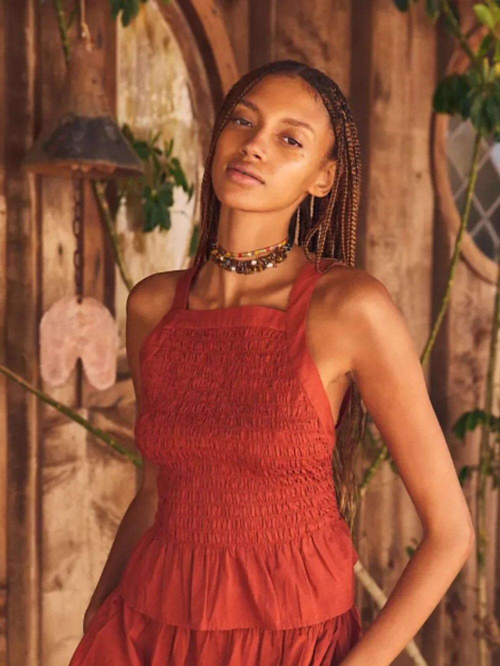 Free People Fez Smocked Tank Top Blouse Red XS